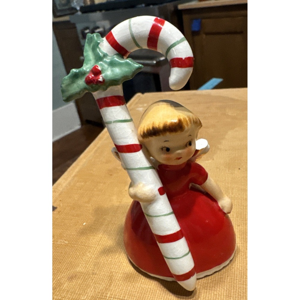 Napco Vintage Christmas Angel with Candy Cane Bell Injured Wing 1956